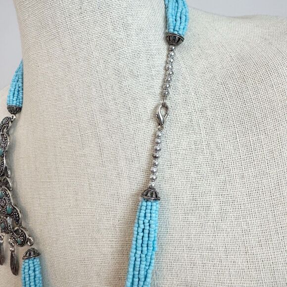 Chunky Boho Southwest Necklace Turquoise Seed Beads Faux Coral Large Pendant - Picture 6 of 10